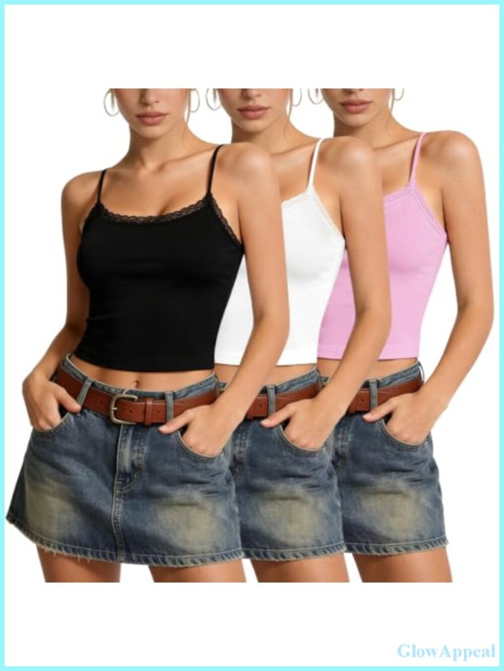 Women's Slim Fit Knit Lace Trim Cami Sleeveless Tank Top Set